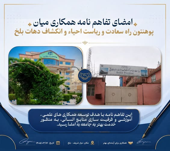 امضای تفاهم‌نامه همکاری‌های علمی و اکادمیک میان پوهنتون راه سعادت و ریاست انکشاف دهات ولایت بلخ
